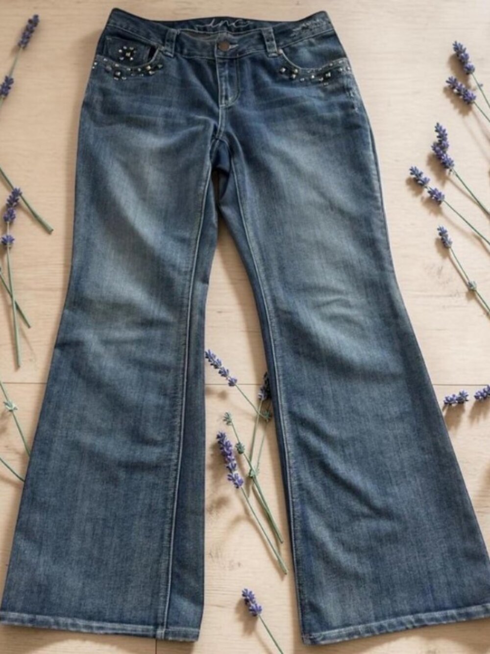 Women's Blue Flared Jeans with Stud Accents